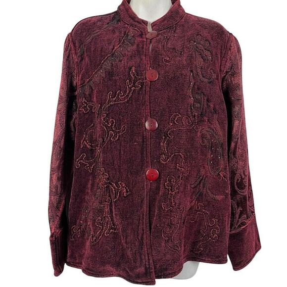 Flashback Jackets & Blazers - Flashback Burgundy Velvet Beaded Embroidered Whimsigoth Jacket Vintage Womens M